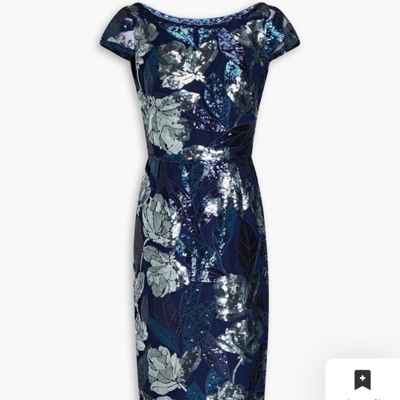 Marchesa Notte Blue Silver Sequin Floral Embellished Midi Dress 16 - Picture 4 of 6